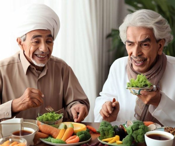 سالمندان در حال خوردن غذای سالم و مناسب و رعایت برنامه غذایی مقوی
